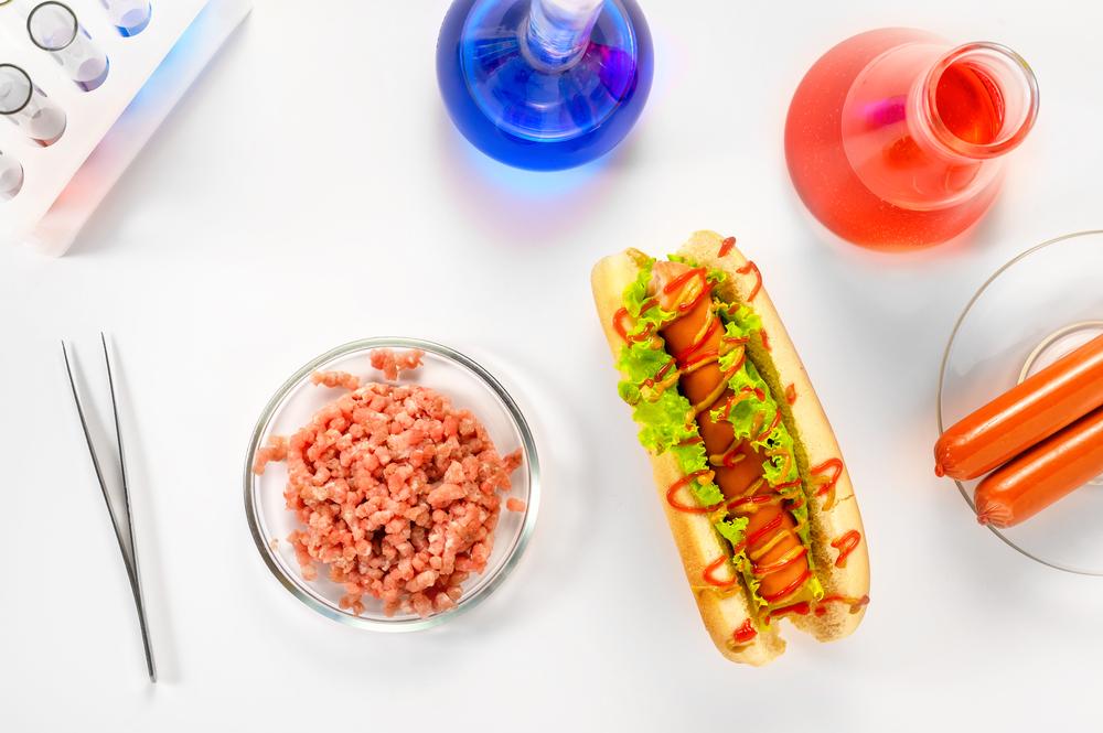 A hotdog, bowl of uncooked mince and test tube nearby.