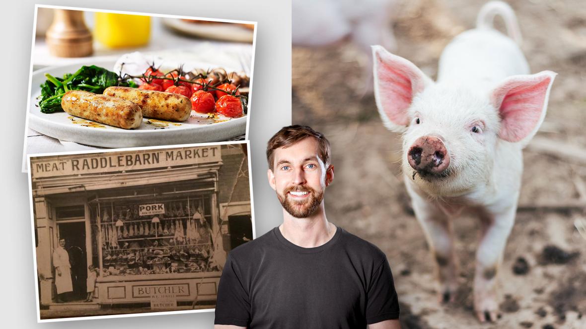 A collage of smiling man, happy pig, sausage meal and old butcher’s shop.